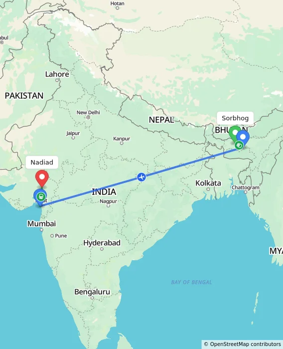 Route map showing distance and travel time from Sorbhog, India to Nadiad, India