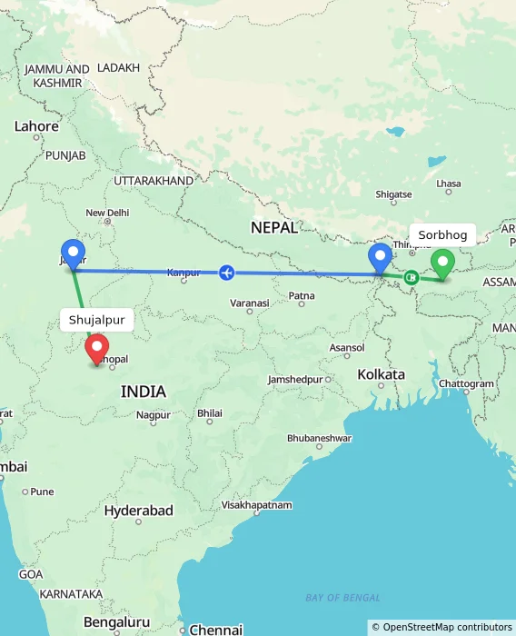 Route map showing distance and travel time from Sorbhog, India to Shujalpur, India