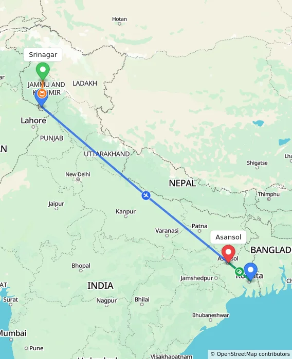 Route map showing distance and travel time from Srinagar, India to Asansol, India