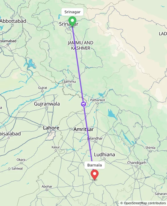 Route map showing distance and travel time from Srinagar, India to Barnala, India