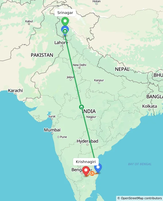 Route map showing distance and travel time from Srinagar, India to Krishnagiri, India