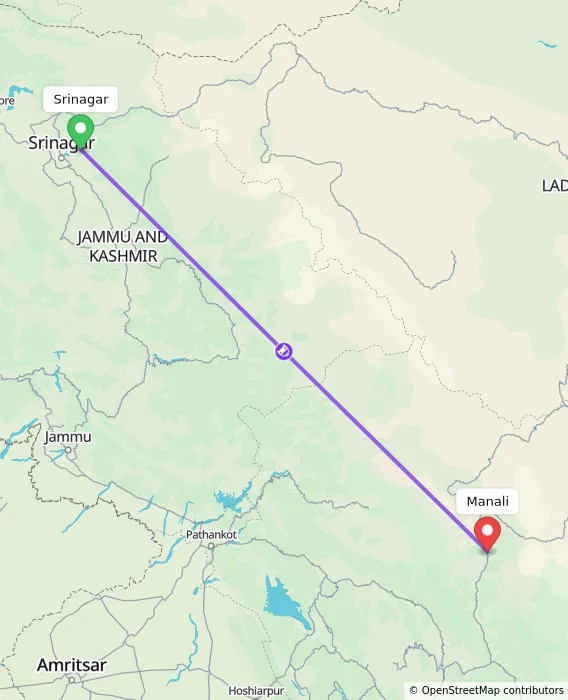 Route map showing distance and travel time from Srinagar, India to Manali, India