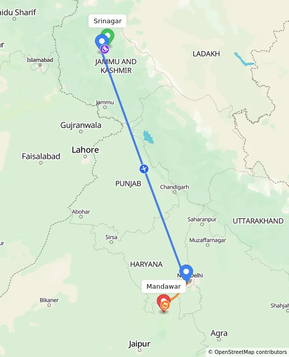 Route map showing distance and travel time from Srinagar, India to Mandawar, India