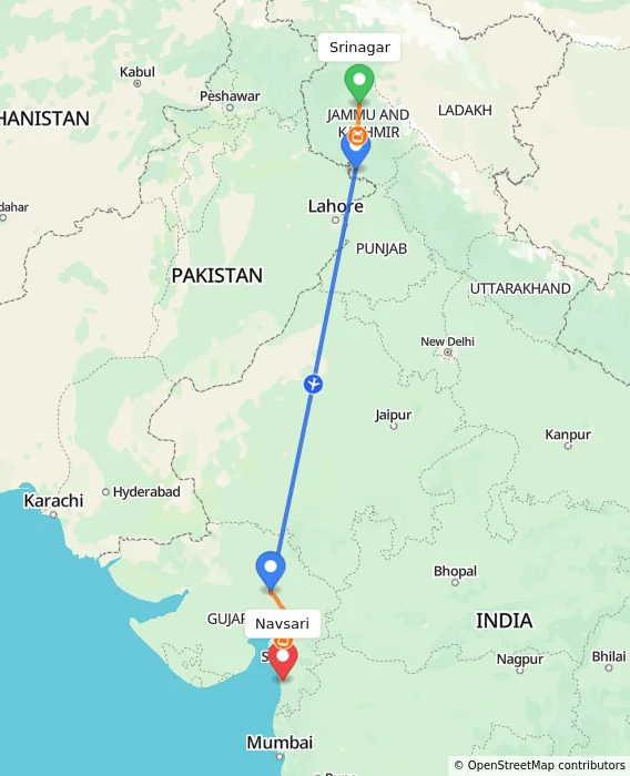 Route map showing distance and travel time from Srinagar, India to Navsari, India