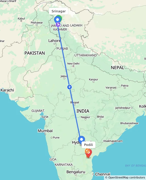 Route map showing distance and travel time from Srinagar, India to Podili, India