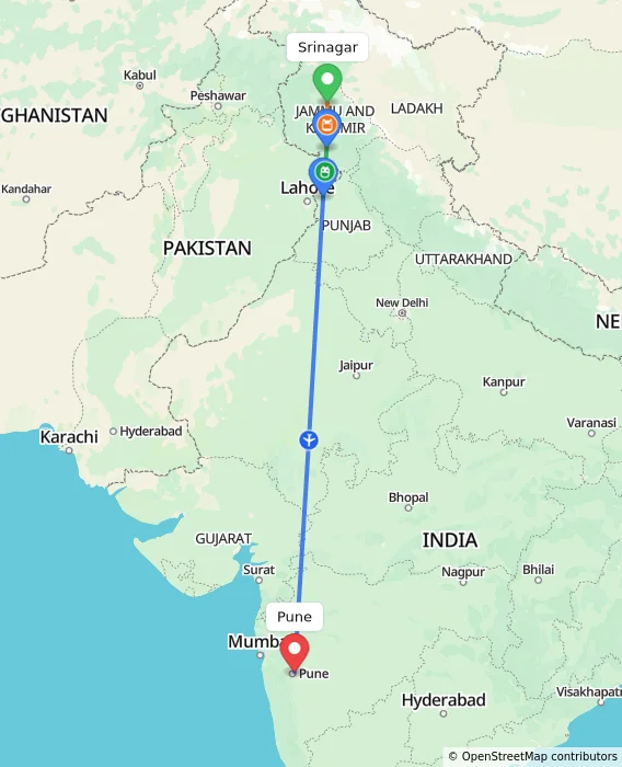 Route map showing distance and travel time from Srinagar, India to Pune, India