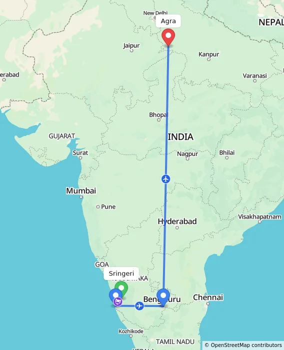 Route map showing distance and travel time from Sringeri, India to Agra, India