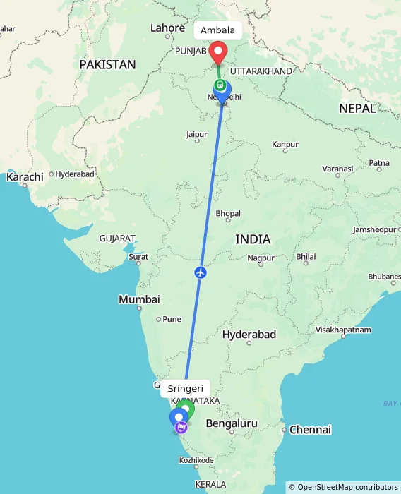 Route map showing distance and travel time from Sringeri, India to Ambala, India
