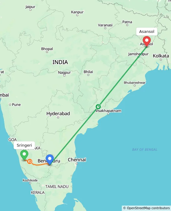 Route map showing distance and travel time from Sringeri, India to Asansol, India