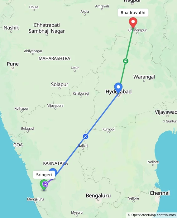 Route map showing distance and travel time from Sringeri, India to Bhadravathi, India