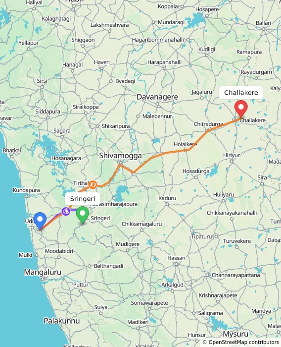 Route map showing distance and travel time from Sringeri, India to Challakere, India