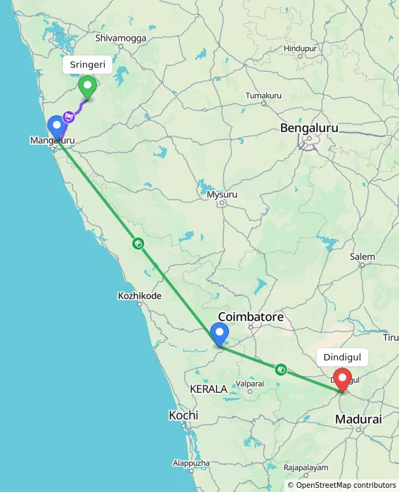 Route map showing distance and travel time from Sringeri, India to Dindigul, India