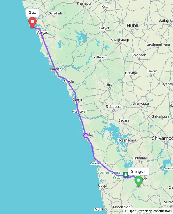 Route map showing distance and travel time from Sringeri, India to Goa, India