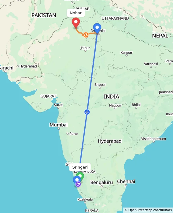 Route map showing distance and travel time from Sringeri, India to Nohar, India