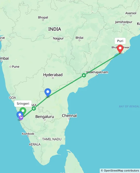 Route map showing distance and travel time from Sringeri, India to Puri, India