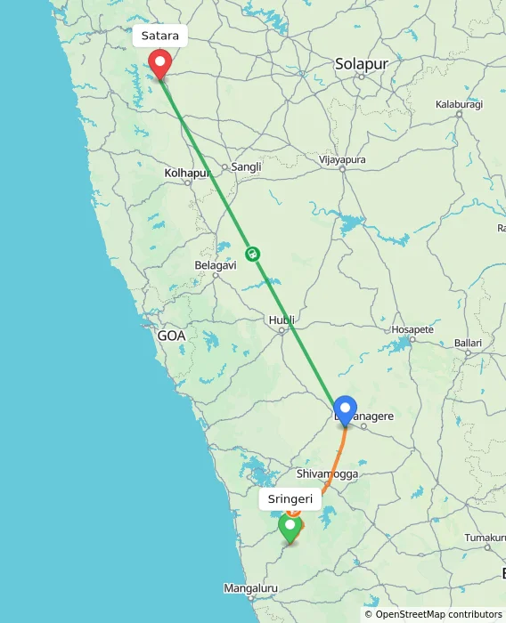 Route map showing distance and travel time from Sringeri, India to Satara, India