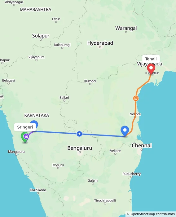 Route map showing distance and travel time from Sringeri, India to Tenali, India