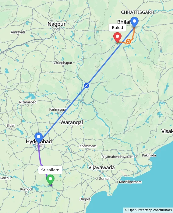Route map showing distance and travel time from Srisailam, India to Balod, India