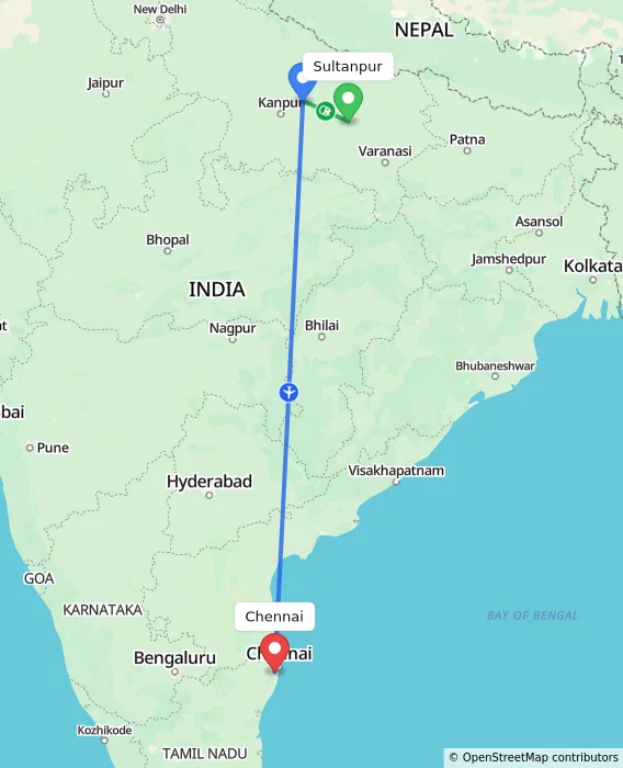 Route map showing distance and travel time from Sultanpur, India to Chennai, India