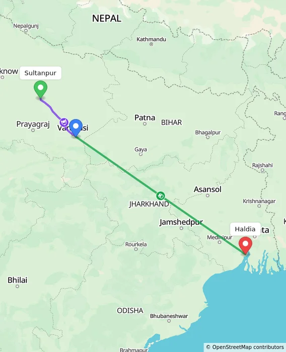 Route map showing distance and travel time from Sultanpur, India to Haldia, India