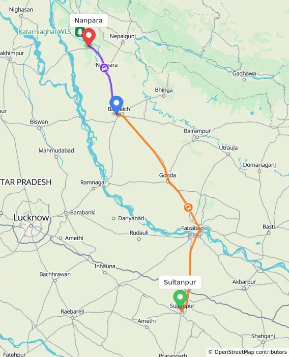Route map showing distance and travel time from Sultanpur, India to Nanpara, India