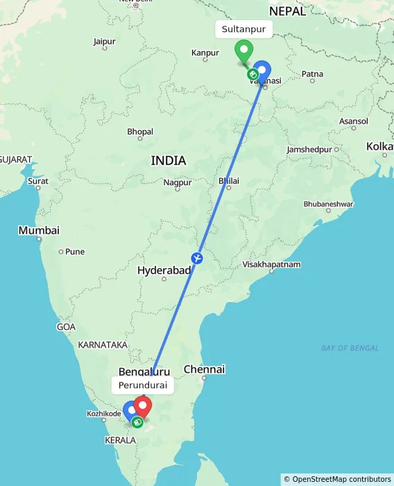Route map showing distance and travel time from Sultanpur, India to Perundurai, India