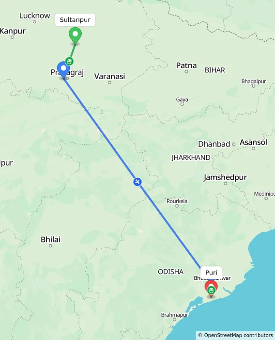 Route map showing distance and travel time from Sultanpur, India to Puri, India
