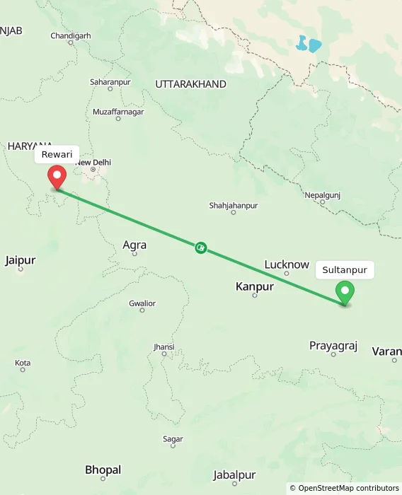 Route map showing distance and travel time from Sultanpur, India to Rewari, India