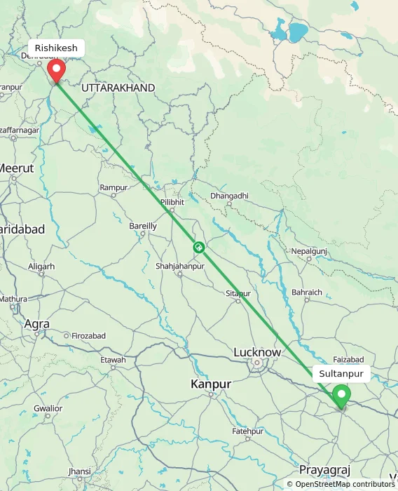 Route map showing distance and travel time from Sultanpur, India to Rishikesh, India