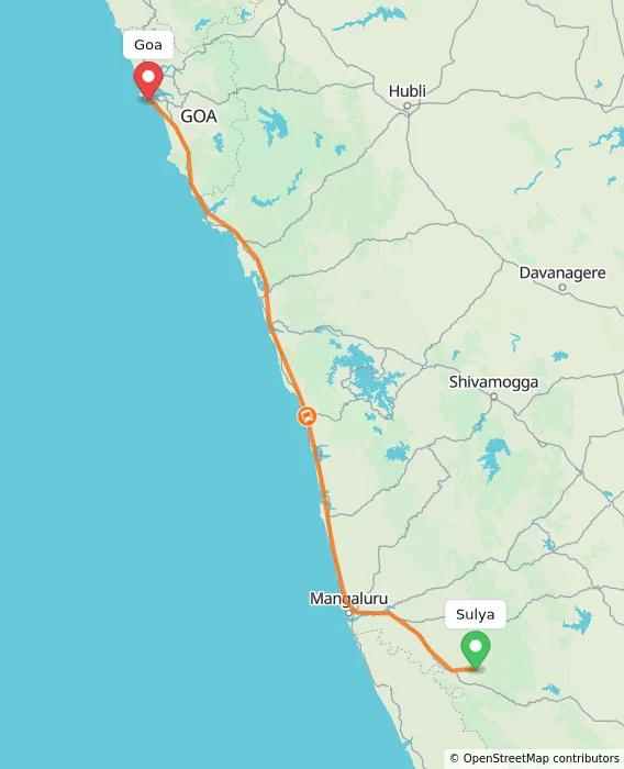 Route map showing distance and travel time from Sulya, India to Goa, India