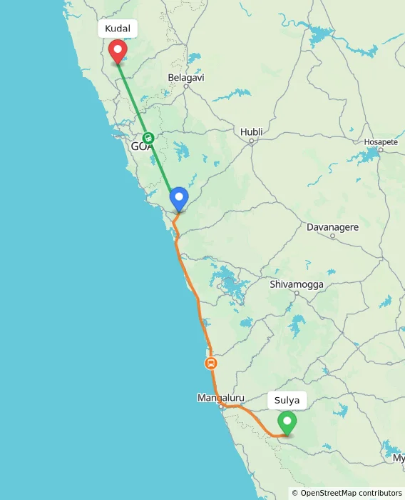 Route map showing distance and travel time from Sulya, India to Kudal, India