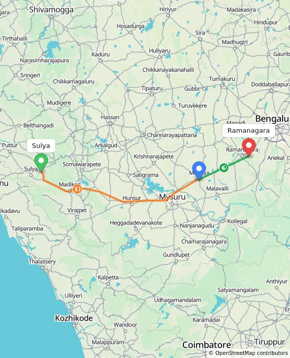 Route map showing distance and travel time from Sulya, India to Ramanagara, India