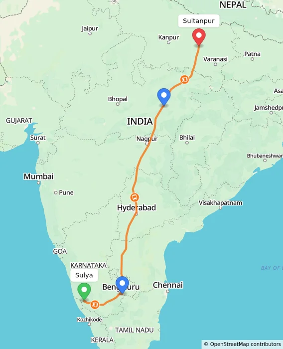 Route map showing distance and travel time from Sulya, India to Sultanpur, India