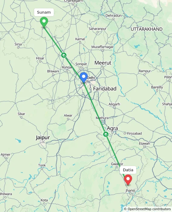 Route map showing distance and travel time from Sunam, India to Datia, India