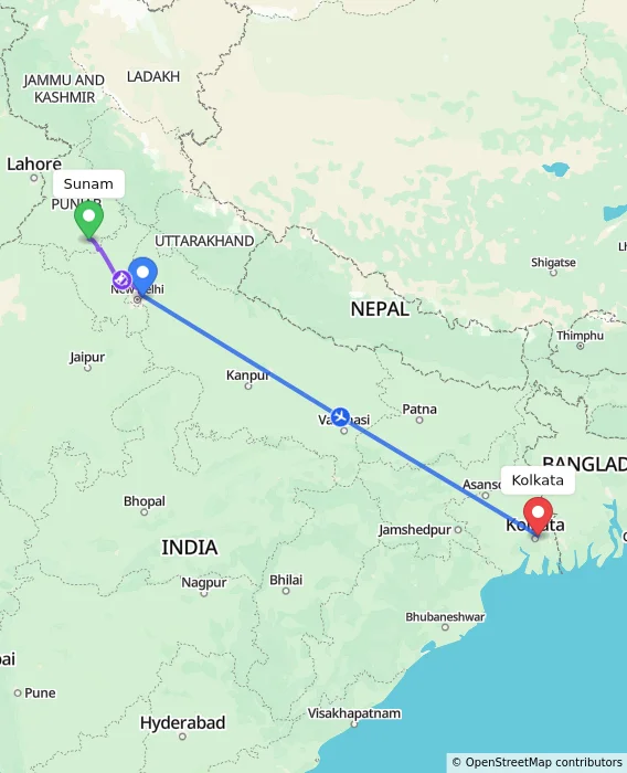 Route map showing distance and travel time from Sunam, India to Kolkata, India