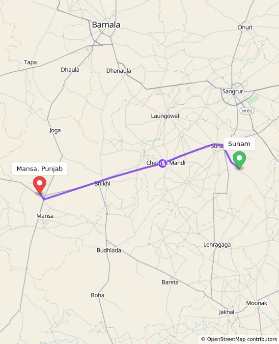 Route map showing distance and travel time from Sunam, India to Mansa, Punjab, India