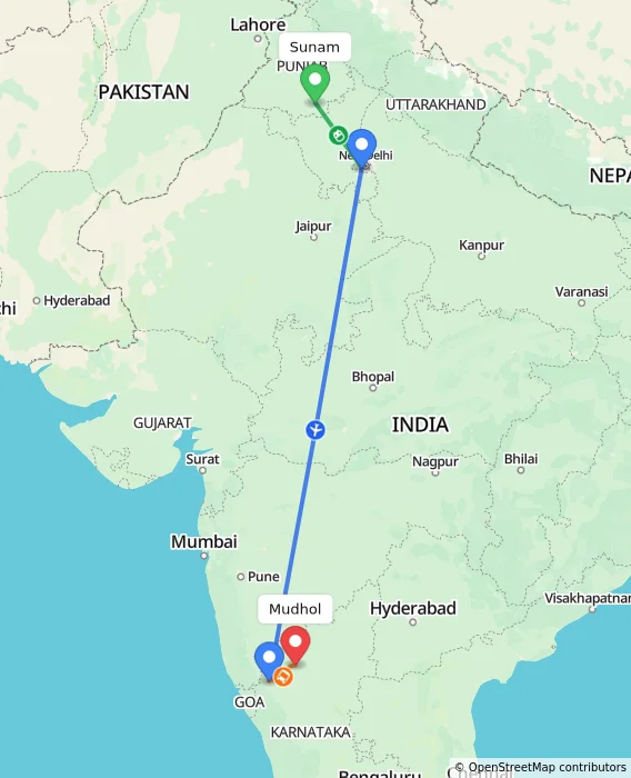 Route map showing distance and travel time from Sunam, India to Mudhol, India