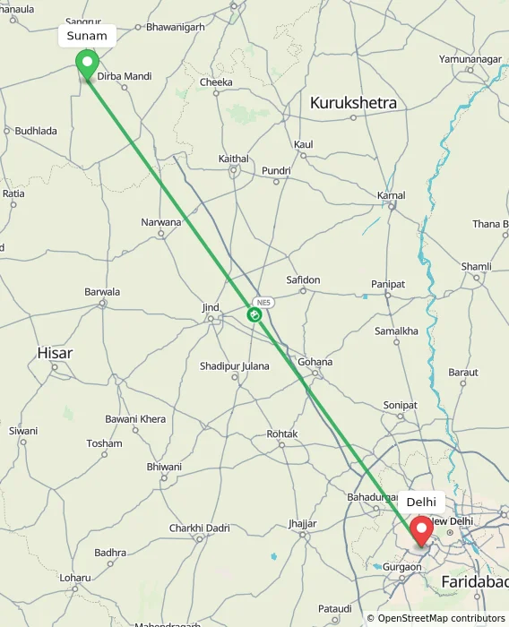 Route map showing distance and travel time from Sunam, India to Delhi, India