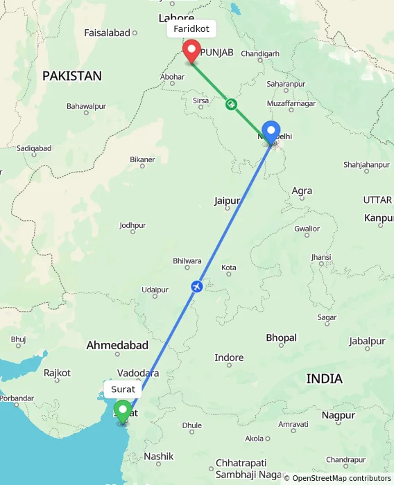 Route map showing distance and travel time from Surat, India to Faridkot, India