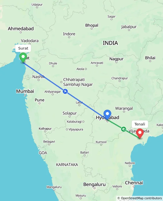 Route map showing distance and travel time from Surat, India to Tenali, India