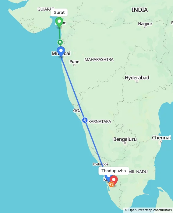 Route map showing distance and travel time from Surat, India to Thodupuzha, India