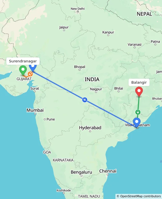 Route map showing distance and travel time from Surendranagar, India to Balangir, India
