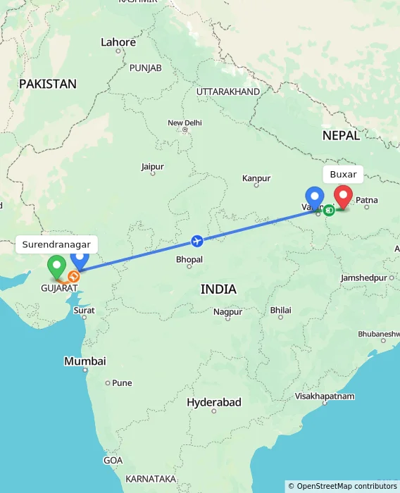 Route map showing distance and travel time from Surendranagar, India to Buxar, India