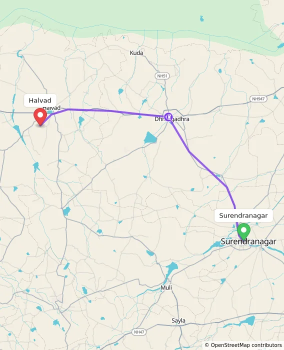 Route map showing distance and travel time from Surendranagar, India to Halvad, India