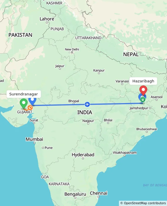 Route map showing distance and travel time from Surendranagar, India to Hazaribagh, India