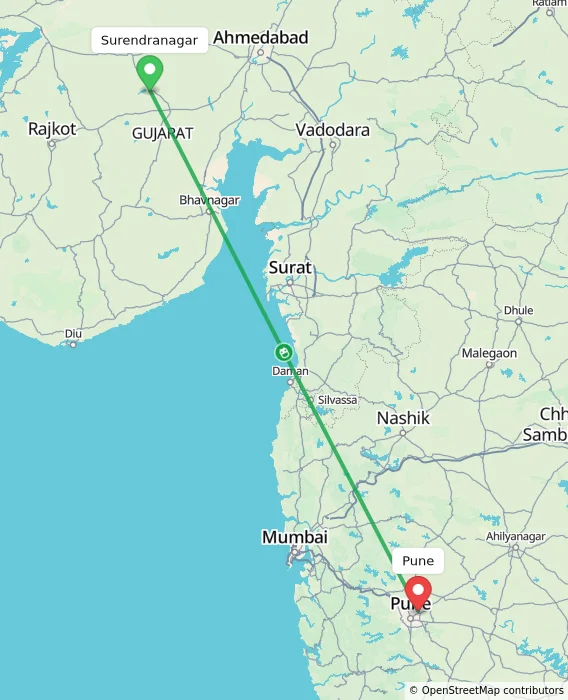 Route map showing distance and travel time from Surendranagar, India to Pune, India