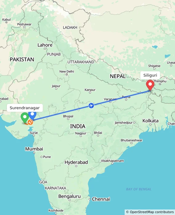 Route map showing distance and travel time from Surendranagar, India to Siliguri, India