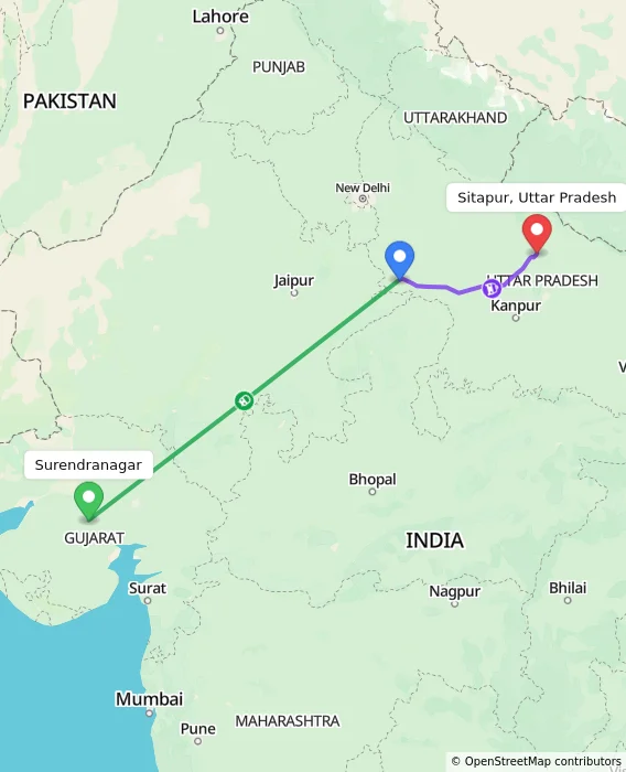 Route map showing distance and travel time from Surendranagar, India to Sitapur, Uttar Pradesh, India