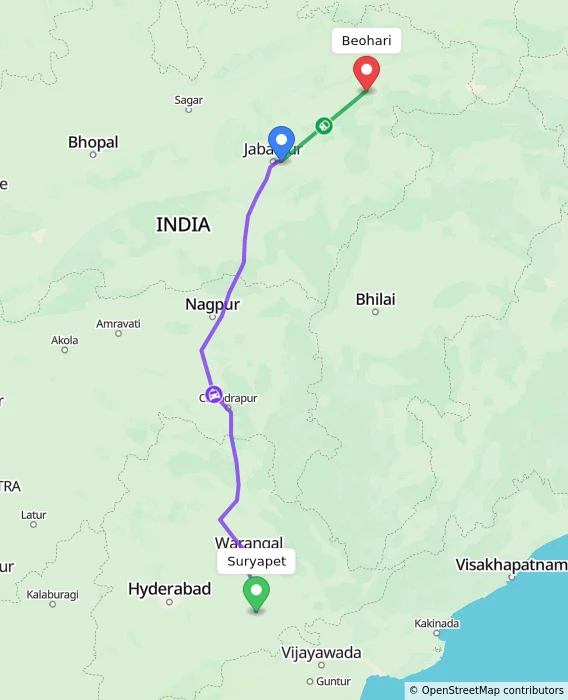 Route map showing distance and travel time from Suryapet, India to Beohari, India