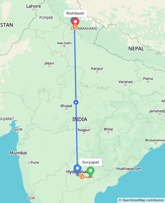 Route map showing distance and travel time from Suryapet, India to Rishikesh, India